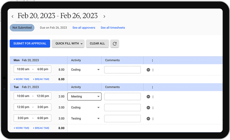 flexible timesheet formats and pre-populated timesheets in workforce management software