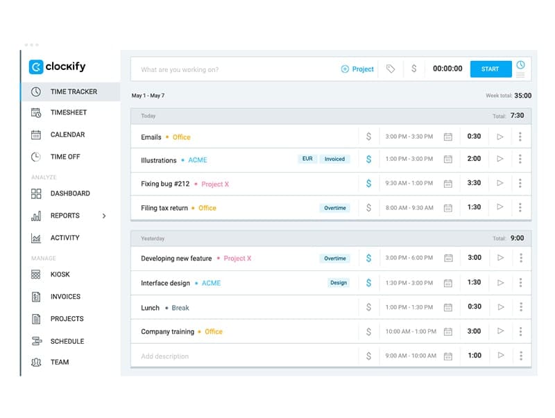 Clockify product screenshot
