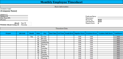 Monthly Timesheet Template