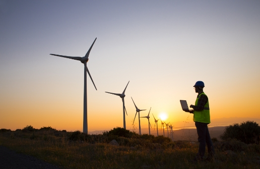 Field worker checking his laptop with a backdrop of windmills