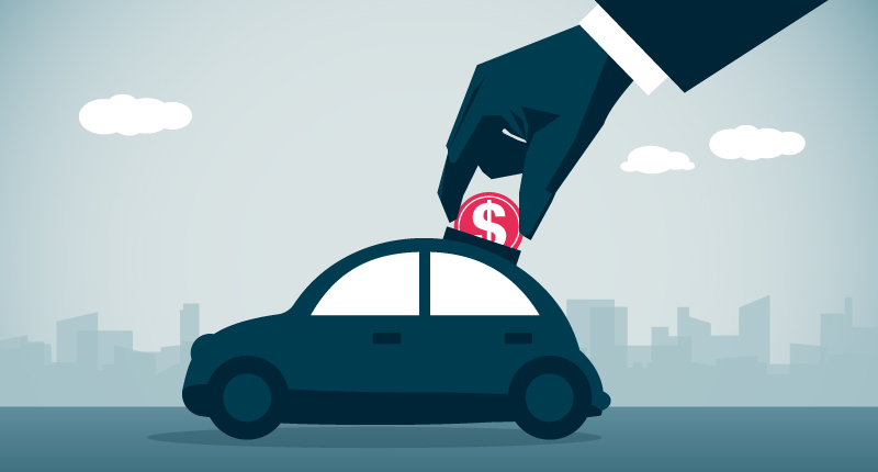 Illustration of a car with a hand dropping a token with a dollar sign on it