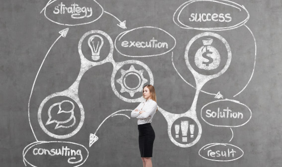 Woman standing near a gray blackboard with strategy icons