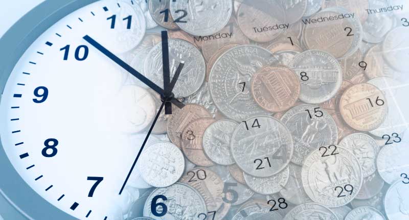 A clock, a pile of coins and a calendar in a merged image