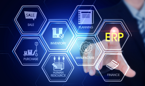 concept photo of ERP modules with a man's finger on touch screen