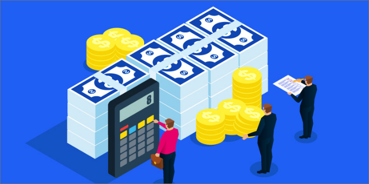 An illustration depicting financial statistics, accountant, and bill calculation