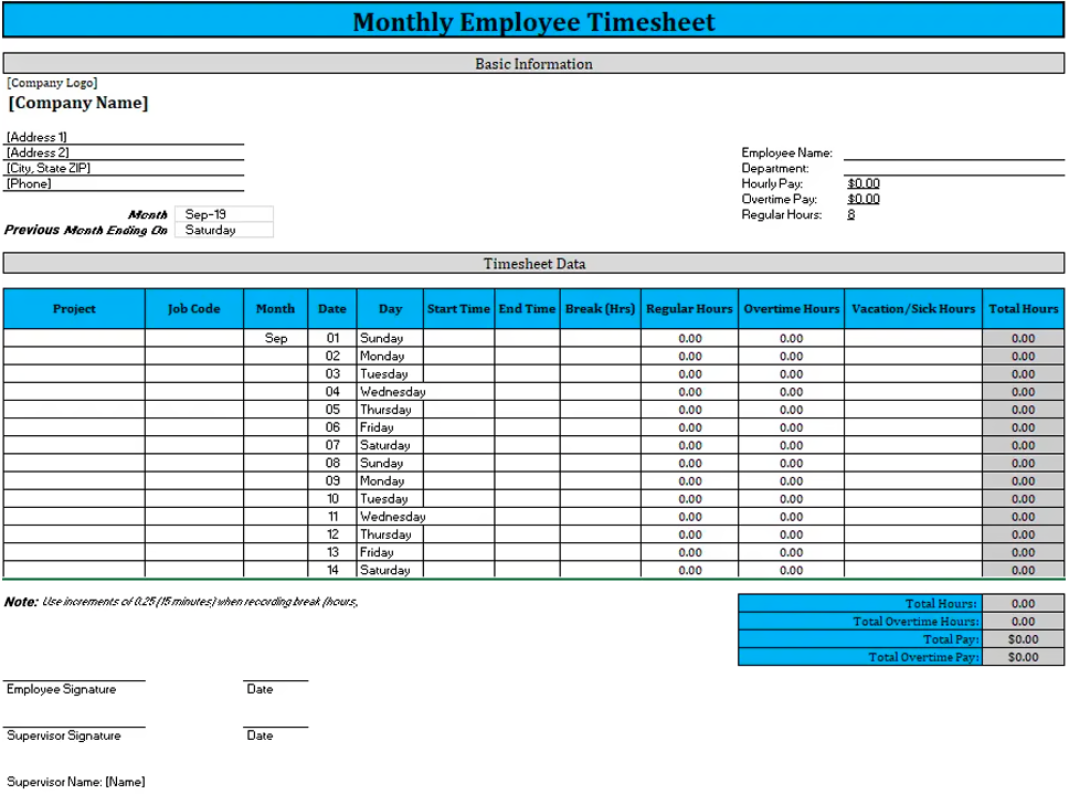 Monthly Timesheet Template