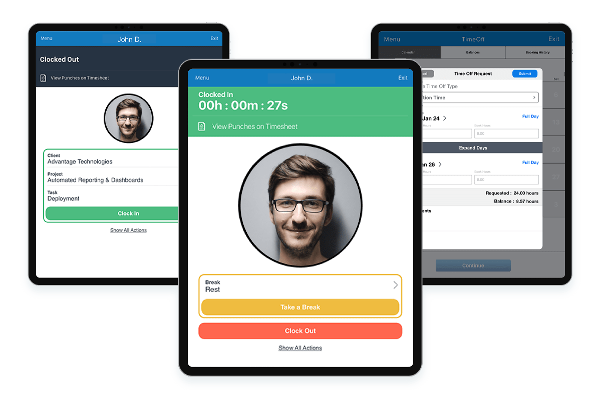 advanced Time clock in Workforce management software with clock in/out, breaks, and time off capabilities